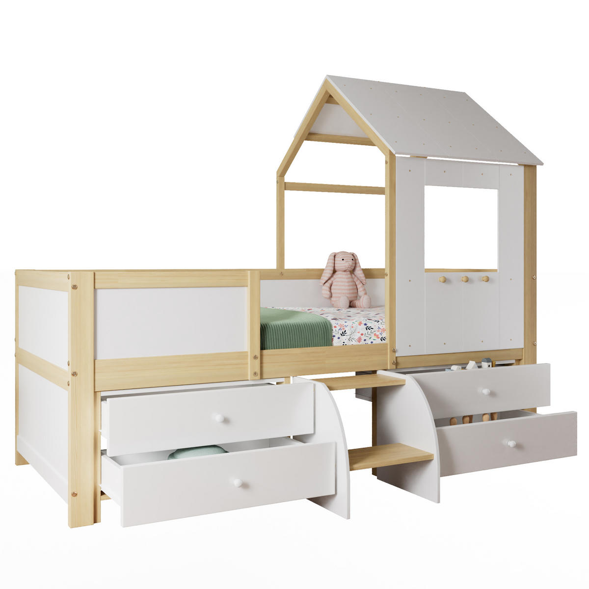 KINDERBETT 90/200 cm in Weiß & Natur mit 4 Schubladen und Treppe - Weiß/Naturfarben, Holz/Holzwerkstoff (90/200cm) - CHICFURN