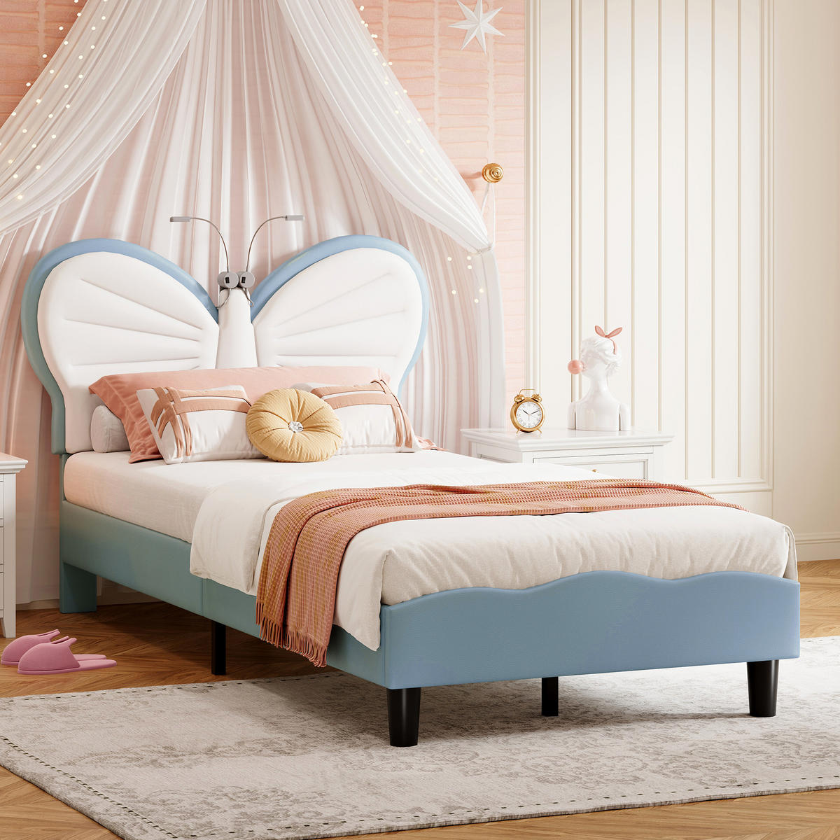 POLSTERBETT 90x190 cm Kinderbett mit Schmetterling Kopfteil, LED Leselicht, Blau Weiß - Blau, Metall (90/190cm) - EuroLiving