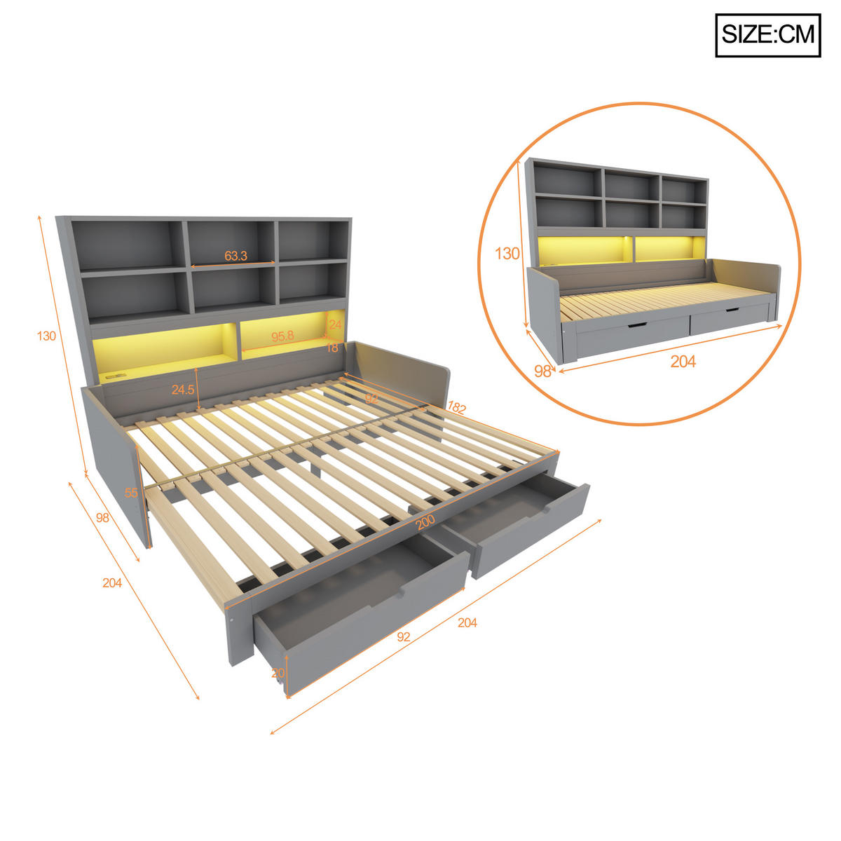 AUSZIEHBETT 90/180/200 cm mit Stauraum und LED, DE-41639, in Grau - Grau, Holzwerkstoff (90/200cm) - ComfortXL
