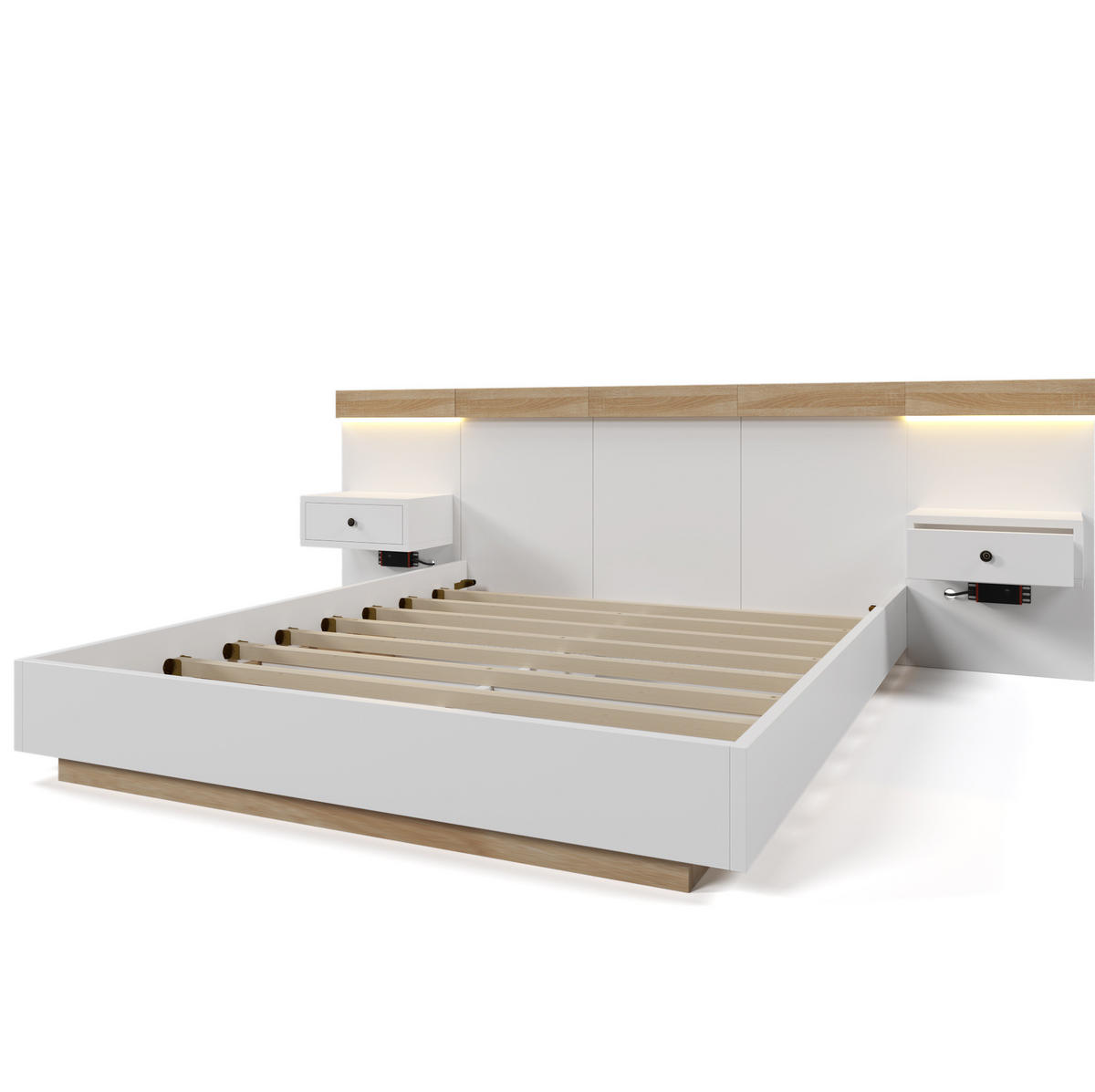 BETT 160/200 cm mit Kopfteil & 2 LED-Nachtkommoden inkl. Lattenrost - Weiß, Holzwerkstoff (160/200cm) - BEAOK