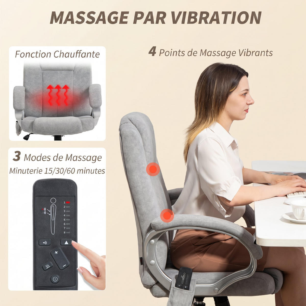BÜROSTUHL Grau, Massage- & Heizfunktion, Höhenverstellbar, 66/70/111-119 cm - Grau, Metall (70/119/65cm) - PANGIVO