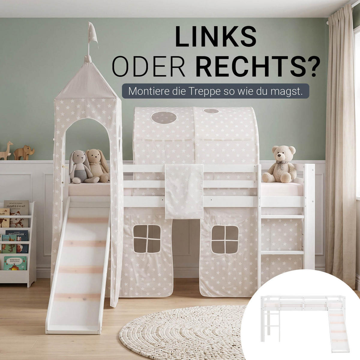 HOCHBETT 90/200 cm in weiß mit Lattenrost + Matratze - Weiß, Holz - Homestyle4u