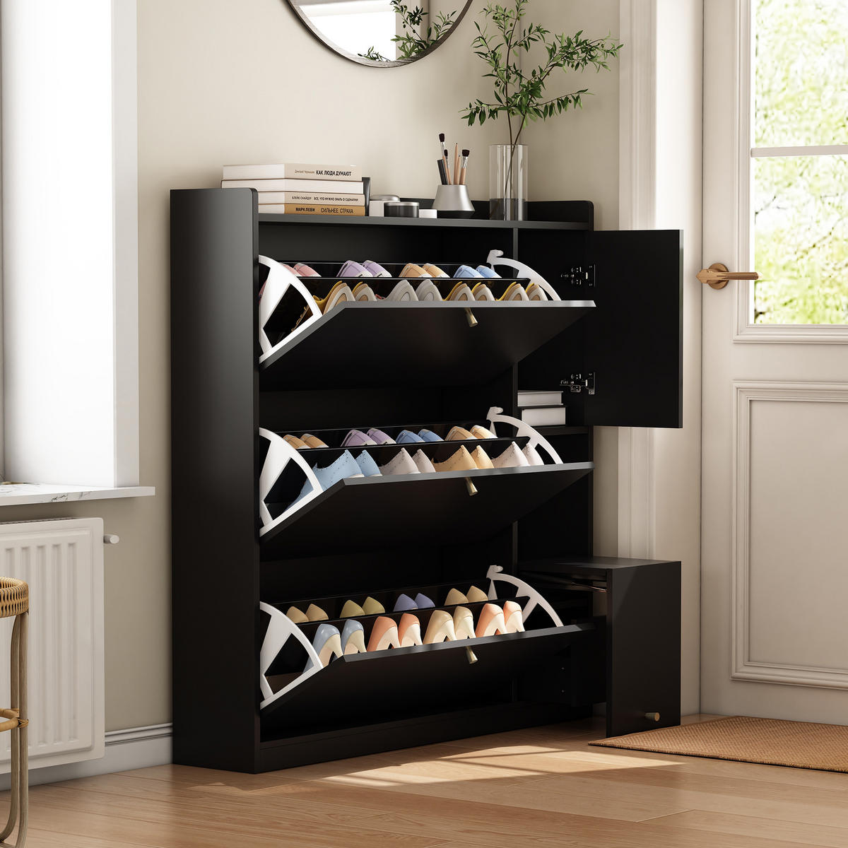 SCHUHSCHRANK Schwarz 3 Klappen Sitzbank Stauraum 119x24x122cm - Schwarz, Holzwerkstoff (24/122/119cm) - FLIEKS