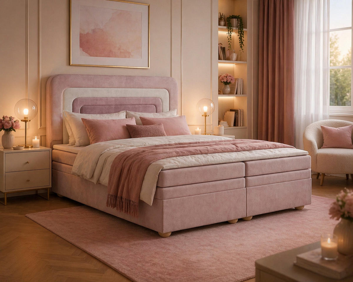 BOXBETT - Bett 10 NEST - Riviera - 140x200 cm - Modernes Polsterbett mit Bettkasten - Altrosa, Holz (140/200cm) - ROYAL24_MARKT