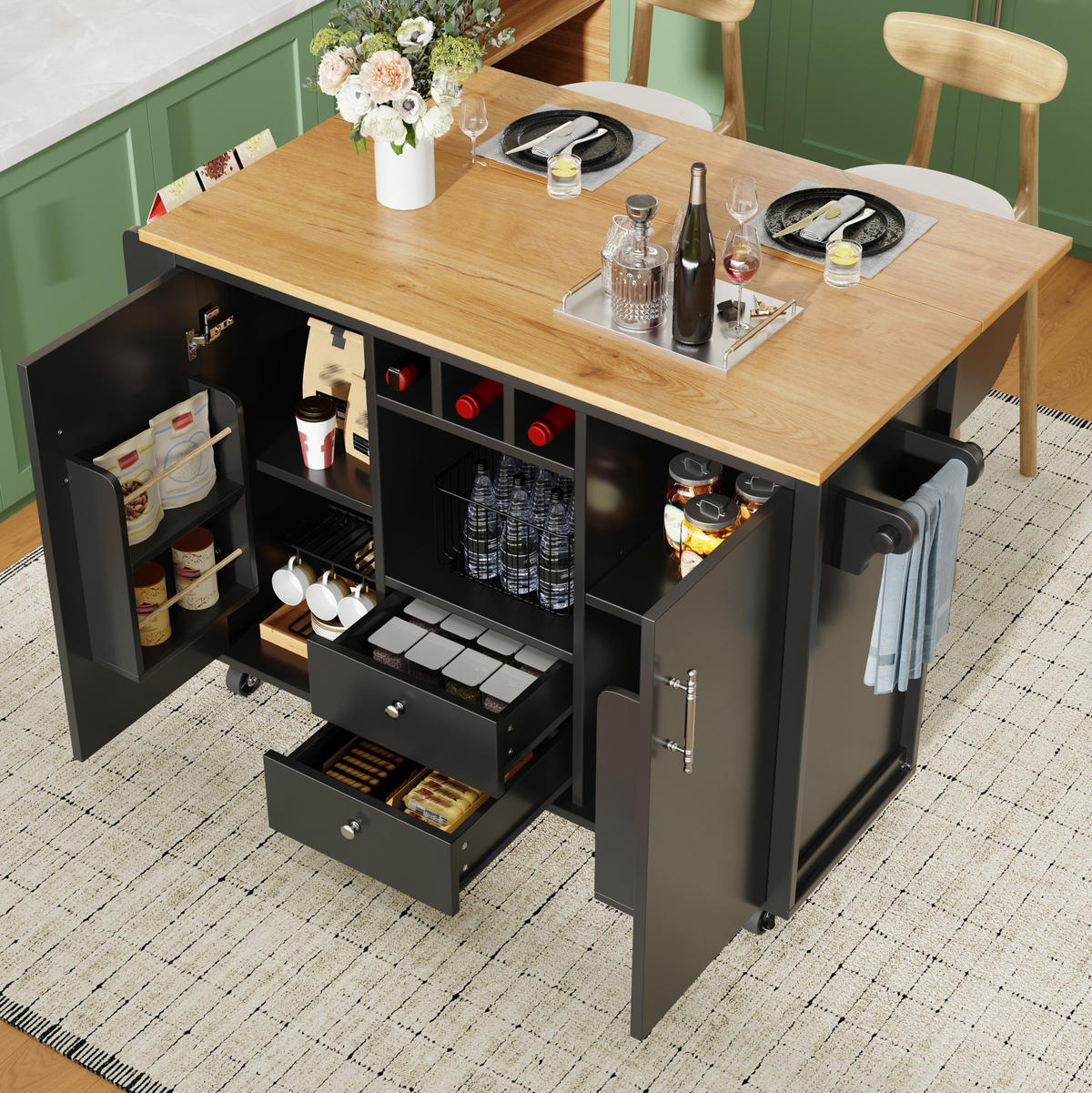 KÜCHENINSEL mit Klapptisch 137,9 x 73 x 92,2 cm Schwarz - Schwarz, Metall (73/92.5/137.9cm) - Beauniv