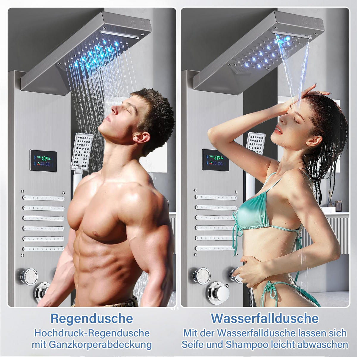 ÜBERKOPFBRAUSESET Edelstahl Hydromassage LED Digitalanzeige Silber - Silberfarben, Metall (16/121/39cm) - Kaket