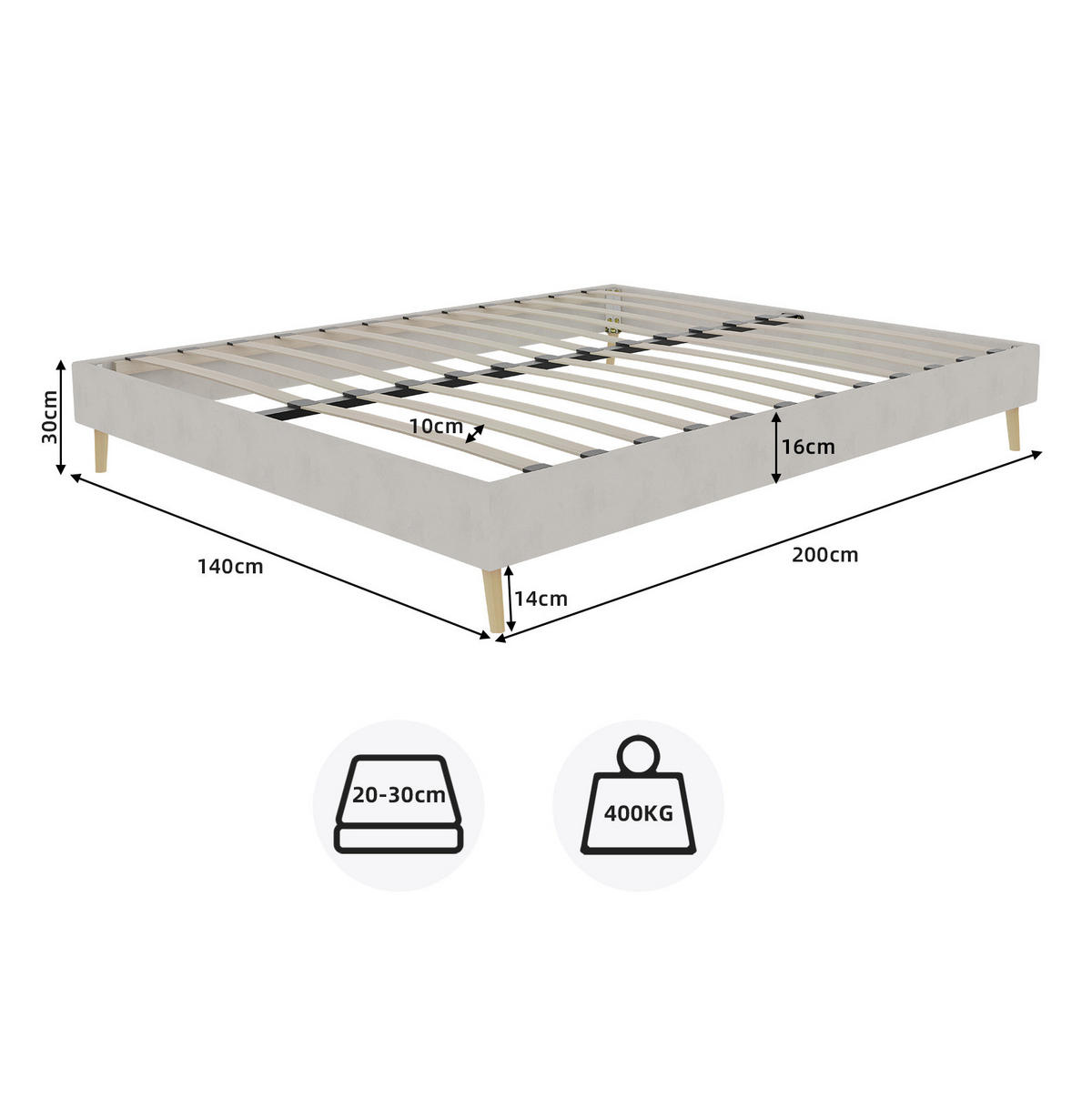 KREVET 140/200 cm s modernim niskim dizajnom i stabilnom potporom, Bež - bež, tekstil (140/200cm) - Redom
