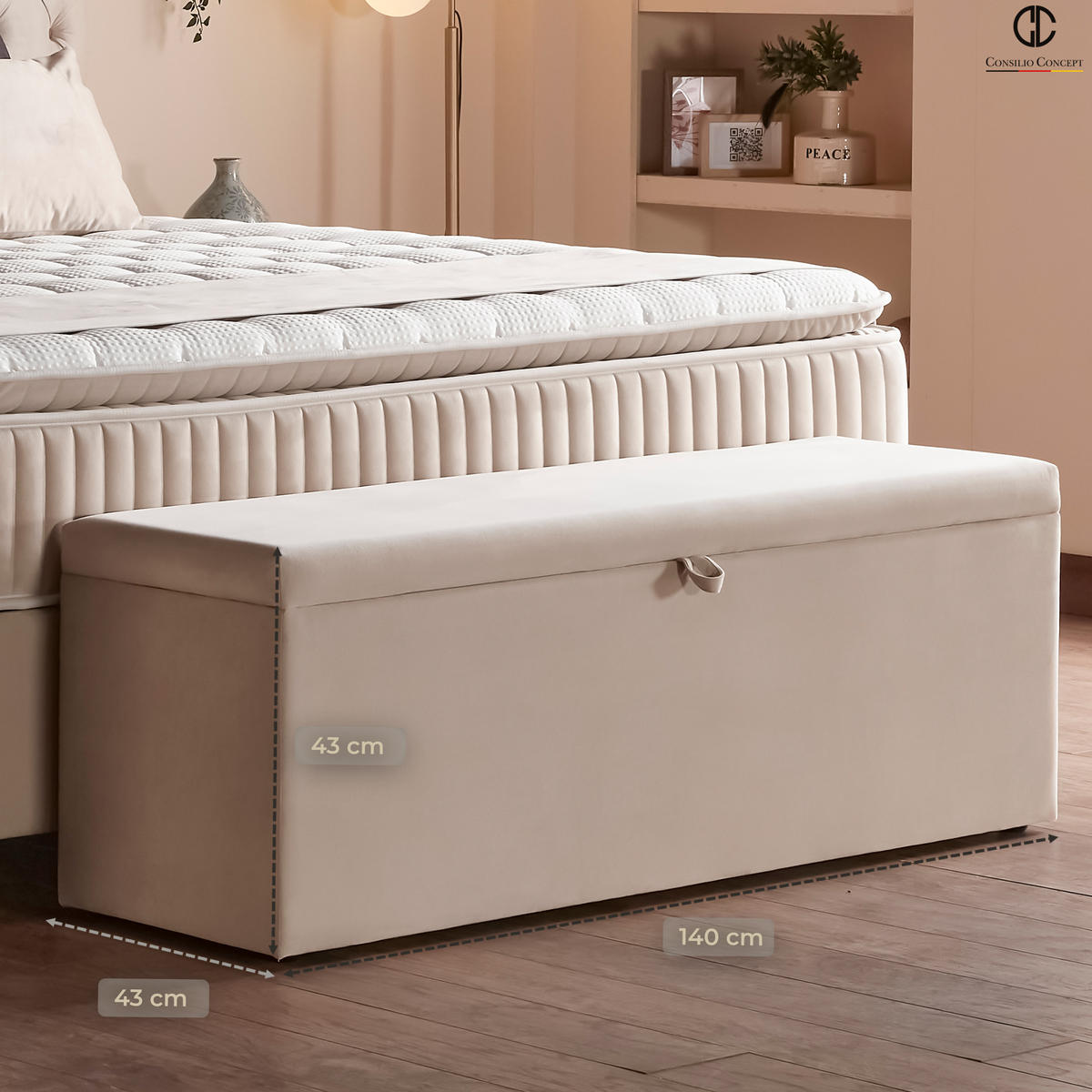 BETTBANK SIENA 140/43/43, Beige, Aufklappbar, mit Stauraum - Beige/Schwarz, Holz/Kunststoff (140/43/43cm) - Consilio Concept