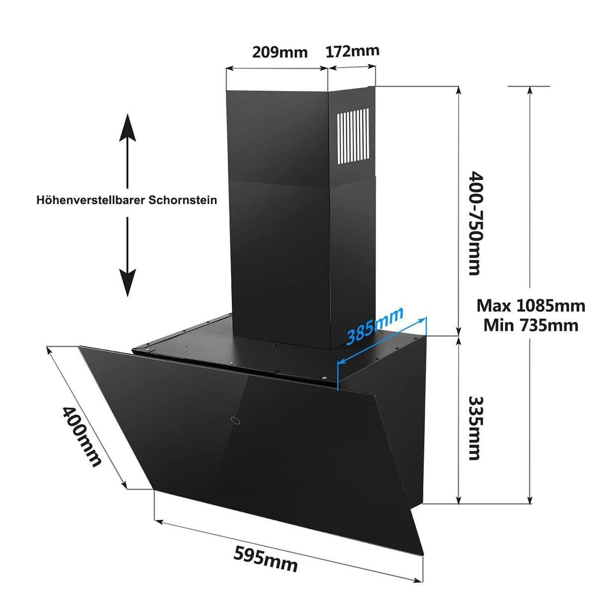 DUNSTABZUGSHAUBE Schwarz mit Aktivkohlefilter, Filter, Umluftfunktion - Schwarz, Metall (42.51/48.51/62cm) - Korfee
