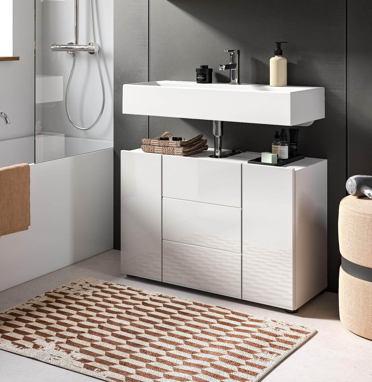 WASCHBECKENUNTERSCHRANK weiß Hochglanz 80 cm, Badezimmer Waschtisch 3-türig - Weiß Hochglanz/Schwarz, Holzwerkstoff/Kunststoff (82/56/34cm) - Inn.Furn