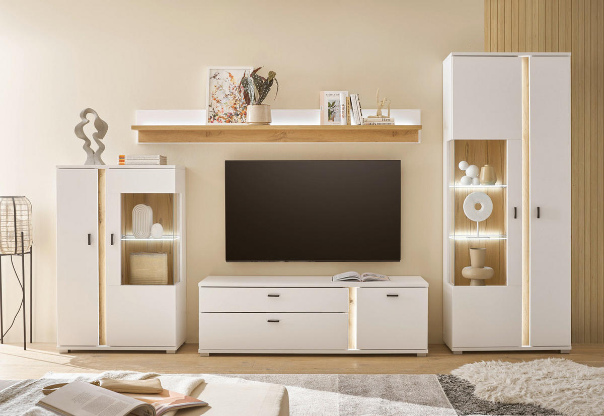 VITRINE weiß matt, Eiche Wotan 80 x 200 cm, Vitrinenschrank inklusive Frontbeleuchtung - Silberfarben/Eiche Wotan, Glas/Holzwerkstoff (80/200/35cm) - Furn.Design