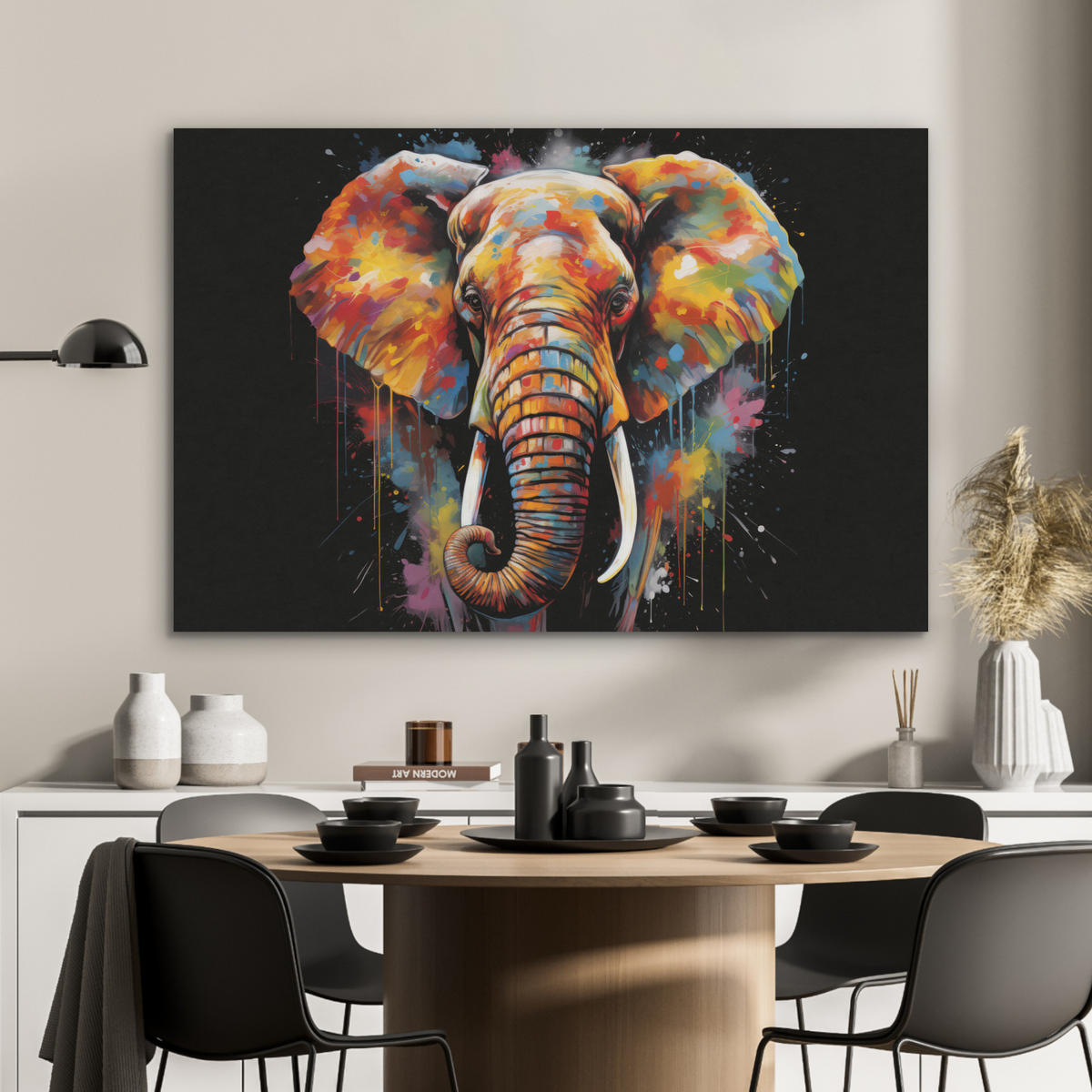 AKUSTIKBILD Elefant - Graffiti - Schwarz - Tiere - Farben Akustikpaneele 90x60 cm - Schwarz, Kunststoff (90/60/0.9cm) - MuchoWow