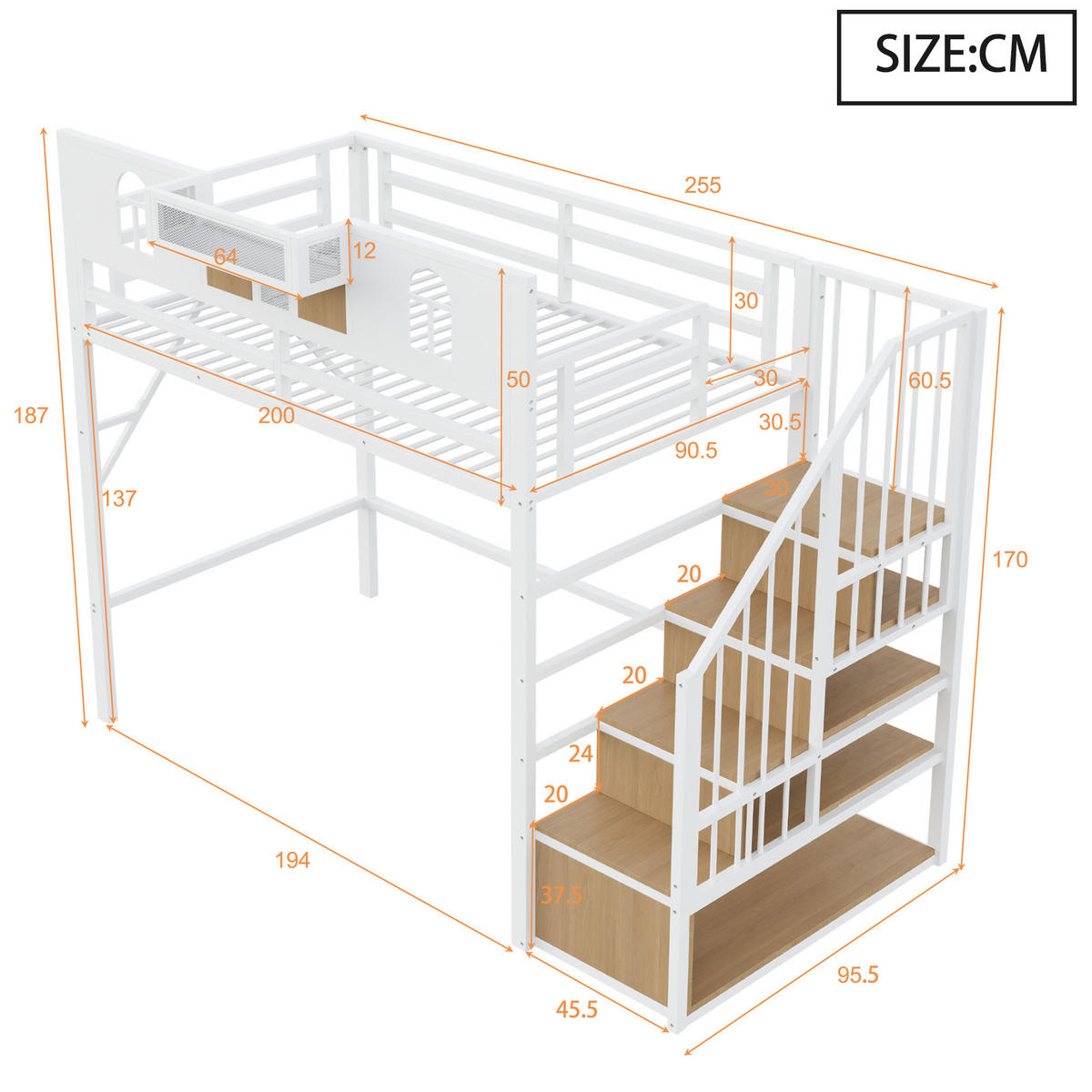 HOCHBETT 90/200 cm in Weiß mit Stauraumleiter, Lichtleiste, Ablagefach und Bettgitter aus Metall und MDF - Weiß, Metall (90/200cm) - STILVORA