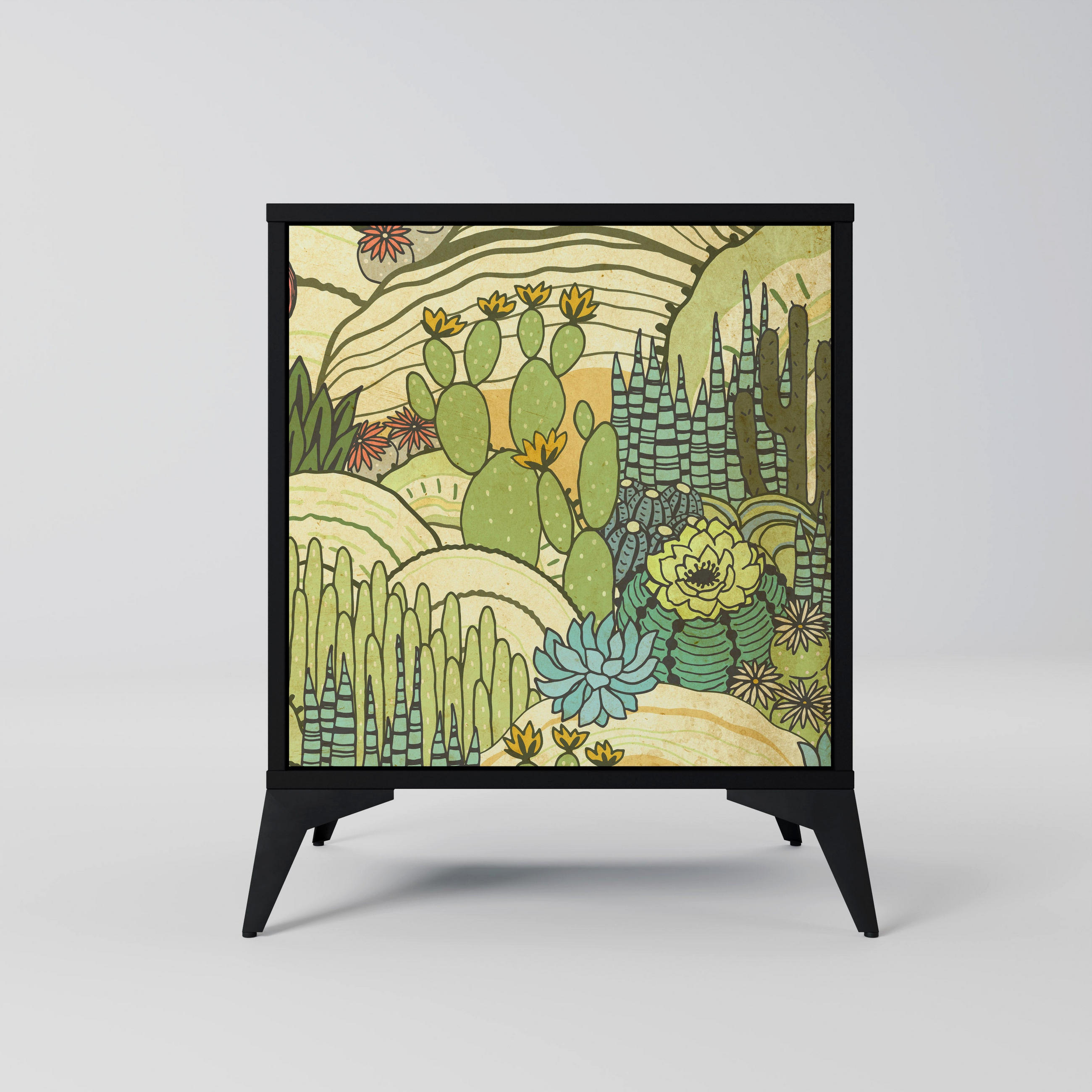 SIDEBOARD SUCCULENTS KALEIDOSCOPE, Schwarz, 57,5x42x70,5 cm, Schwarze Metall-Sternfüße - Multicolor/Schwarz, Holzwerkstoff/Metall (57.5/70.5/42cm) - SpaceRebels