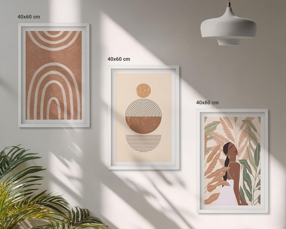 WANDBILDER 3er-Set - 40x60 cm Weißer Rahmen - Stilvolle Pflanzenmuster und Geometrie - Weiß, Kunststoff (40/60cm) - ArtPrintCave