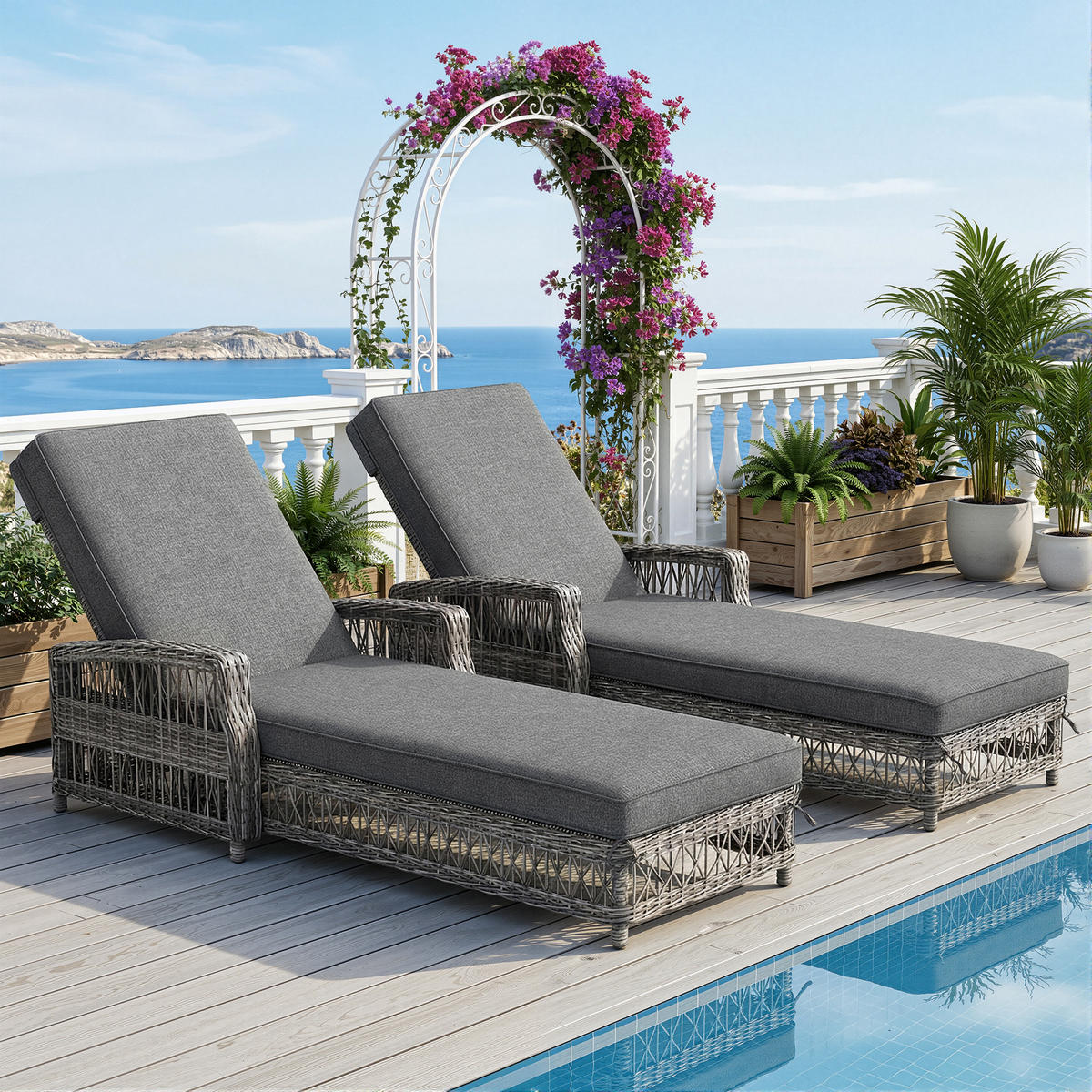 SONNENLIEGE Rattan Grau 2 Set verstellbar Kissen wetterfest - Grau, Metall (114/83/192cm) - FLIEKS