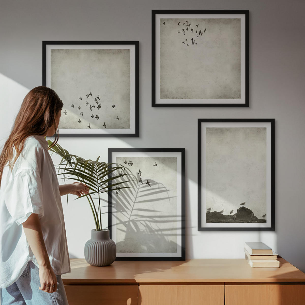 BILDER SET 4er Set - 50x50 cm & 40x60 cm Schwarzer Rahmen - Minimalistische Vogelmalerei - Schwarz, Kunststoff (50/50cm) - TULUP