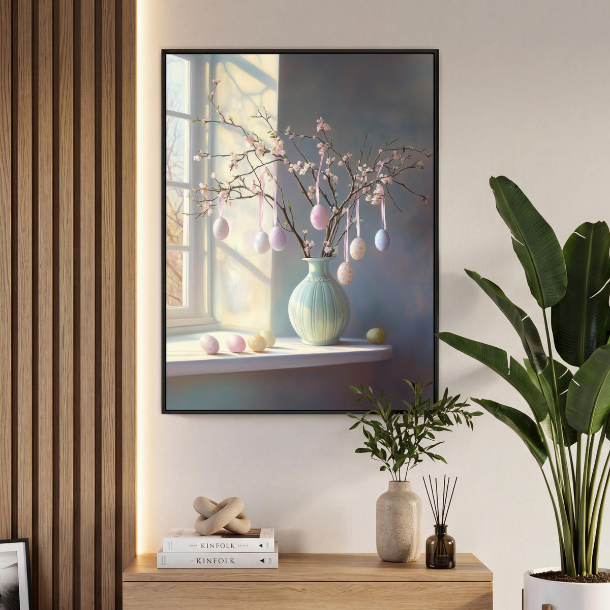 LEINWAND Bilder mit Rahmen - Stillleben - Vase - Osterzweig - 70x100 - Hellblau, Textil (70/100cm) - MuchoWow