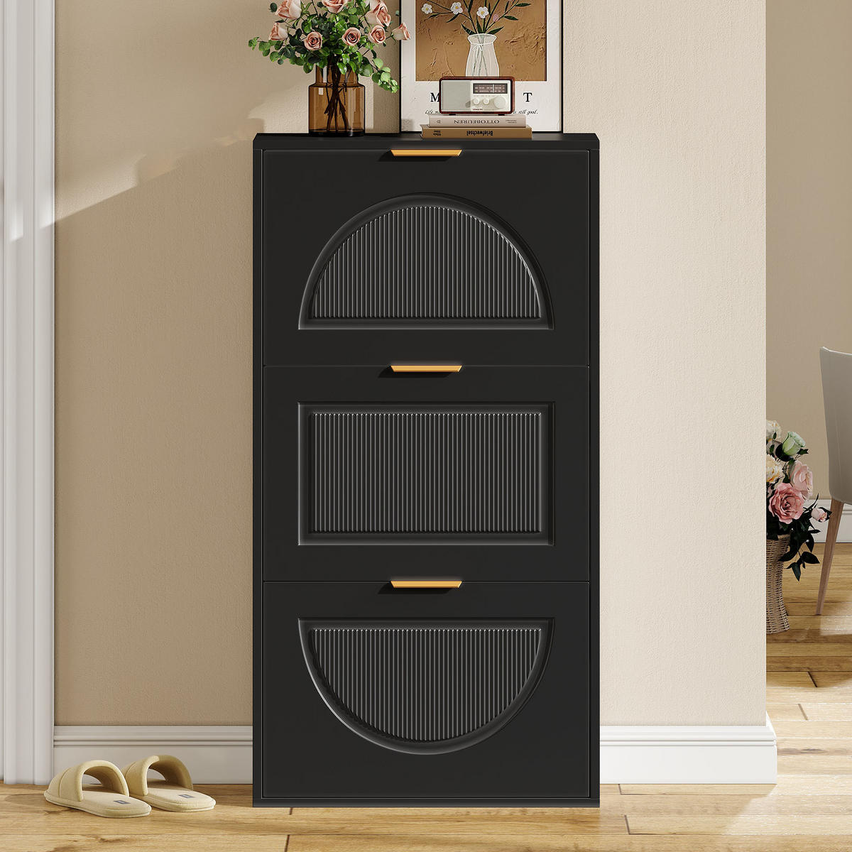 SCHUHSCHRANK Schmal 3 Klappen Schwarz 60x24x114cm - Schwarz, Holzwerkstoff (24/114/60cm) - FLIEKS