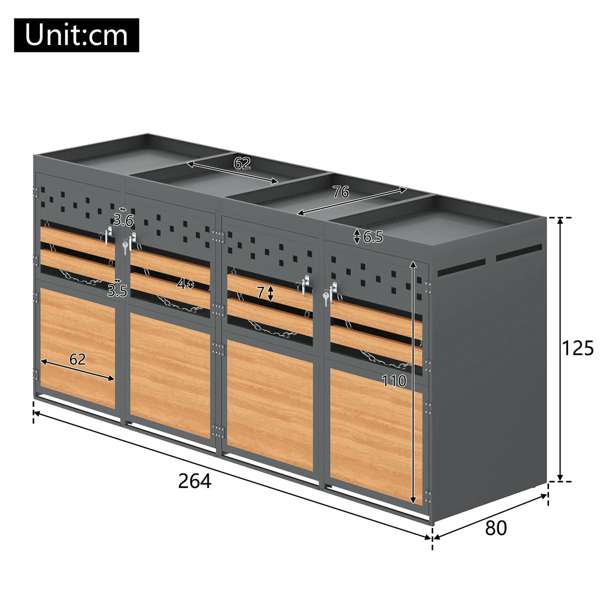 MÜLLTONNENBOX aus Metall in Grau Natur mit Pflanzendach - Grau, Metall (264/125/80cm) - Modfu