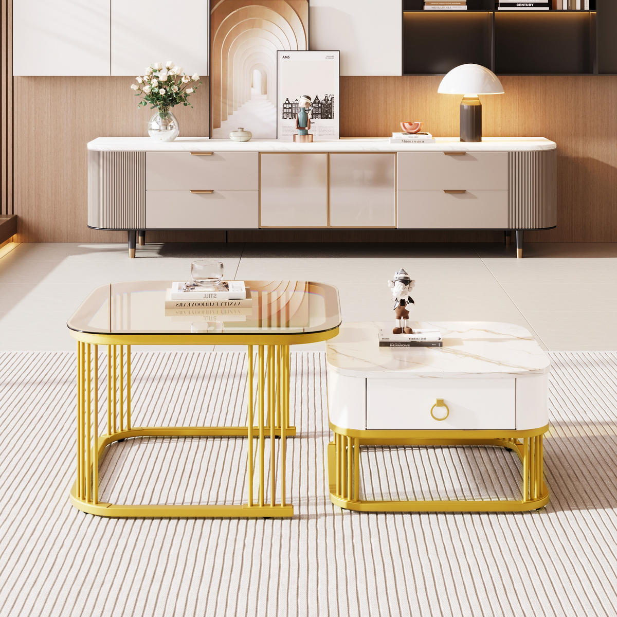 COUCHTISCH-SET, MDF Hochglanz-Marmoroptik, Goldakzente, mit Schublade, 60/60/42,5 + 50/50/34 cm, Weiß und Gold und Teebraun - Braun, Holzwerkstoff (60/60/42.5cm) - Redom