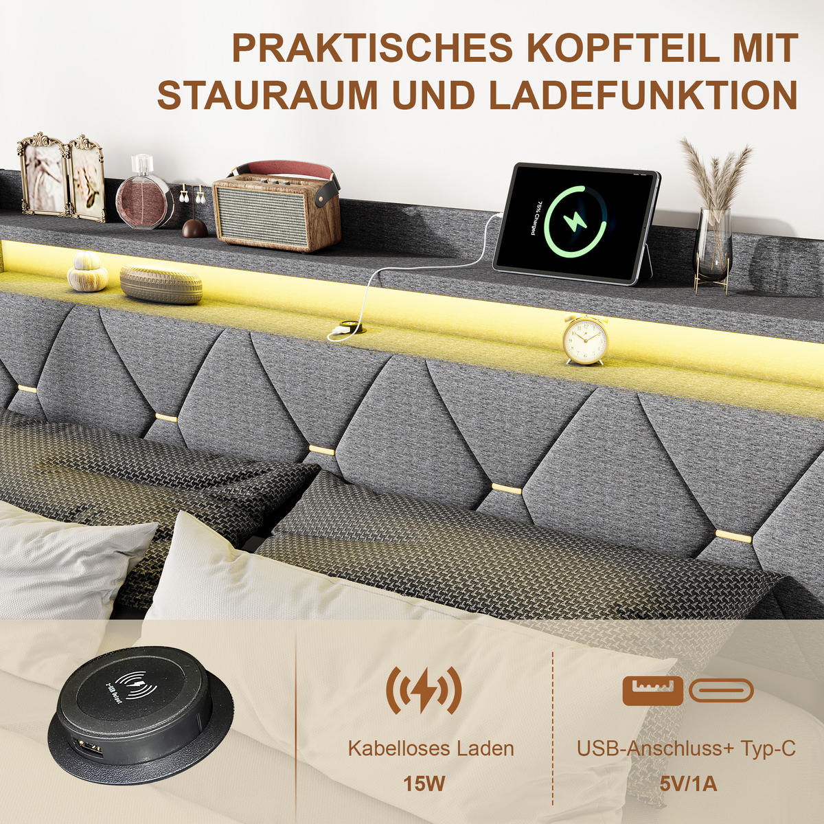 POLSTERBETT 140/200 cm Grau mit hydraulischem Stauraum, LED-Kopfteil mit Ladefunktion und Lattenrost - Grau, Metall (140/200cm) - EuroLiving