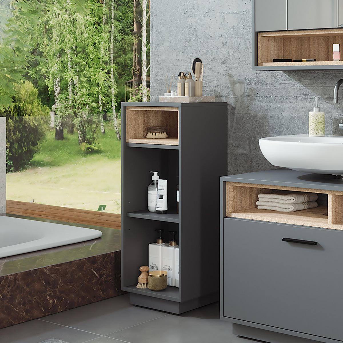 MIDISCHRANK Beatrice Anthrazit/Sonoma 38 x 93 cm mit 3 Fächern - Anthrazit/Sonoma Eiche, Holzwerkstoff (38/93/30cm) - Vicco