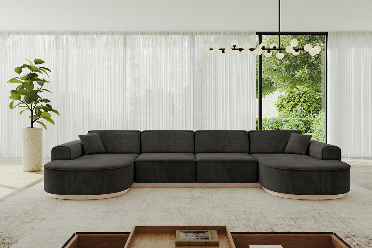 WOHNLANDSCHAFT MARI-U2-v1 - 388x171x83 cm Schwarz Velours - Schwarz, Holzwerkstoff/Textil (388/83/171cm) - ALTDECOR