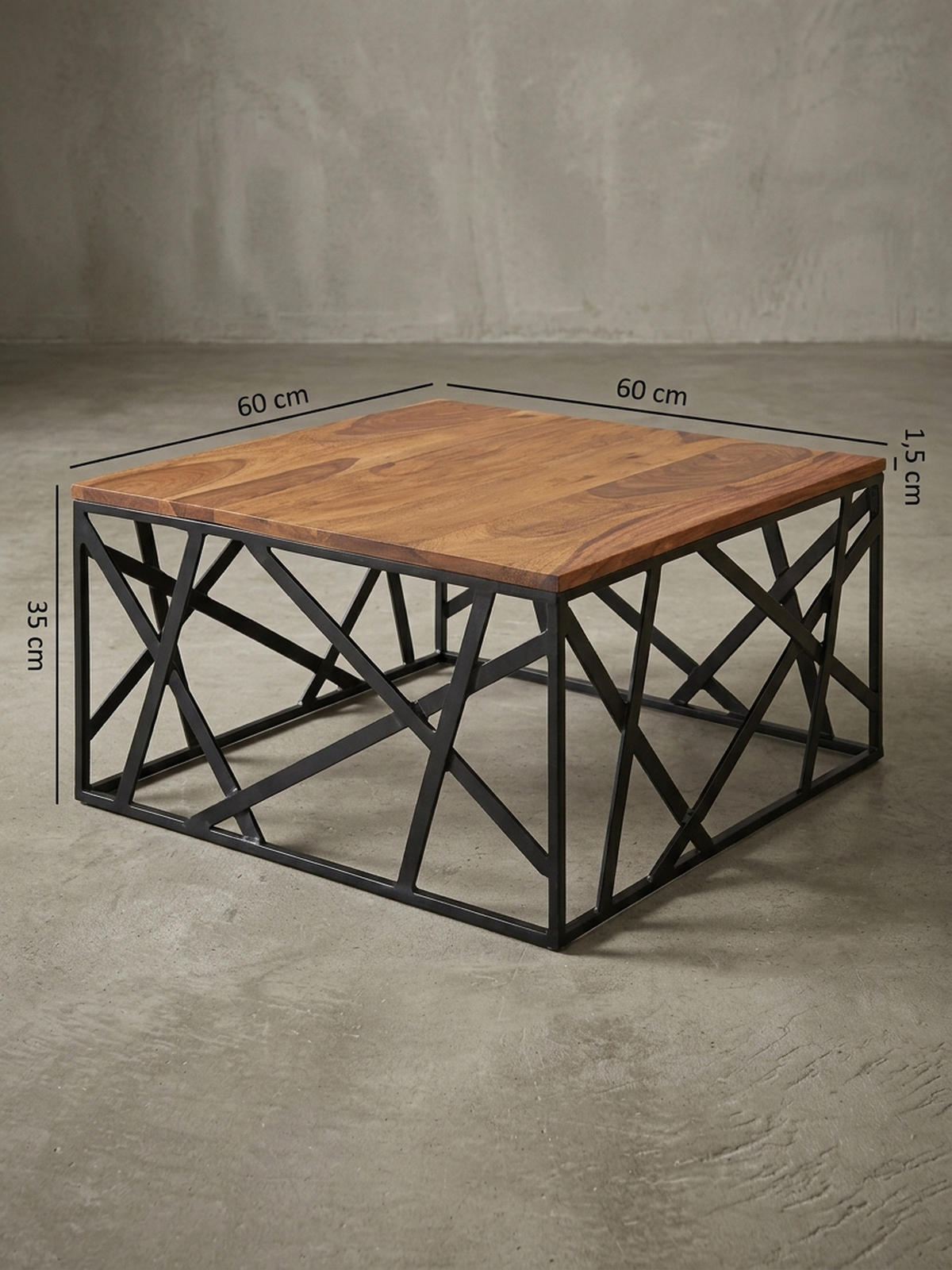 COUCHTISCH Industrial Stil, Sheesham Holz, Schwarzes Metallgestell, 60x60 cm - Schwarz/Braun, Holz/Metall (60/60/35cm) - KADIMA DESIGN