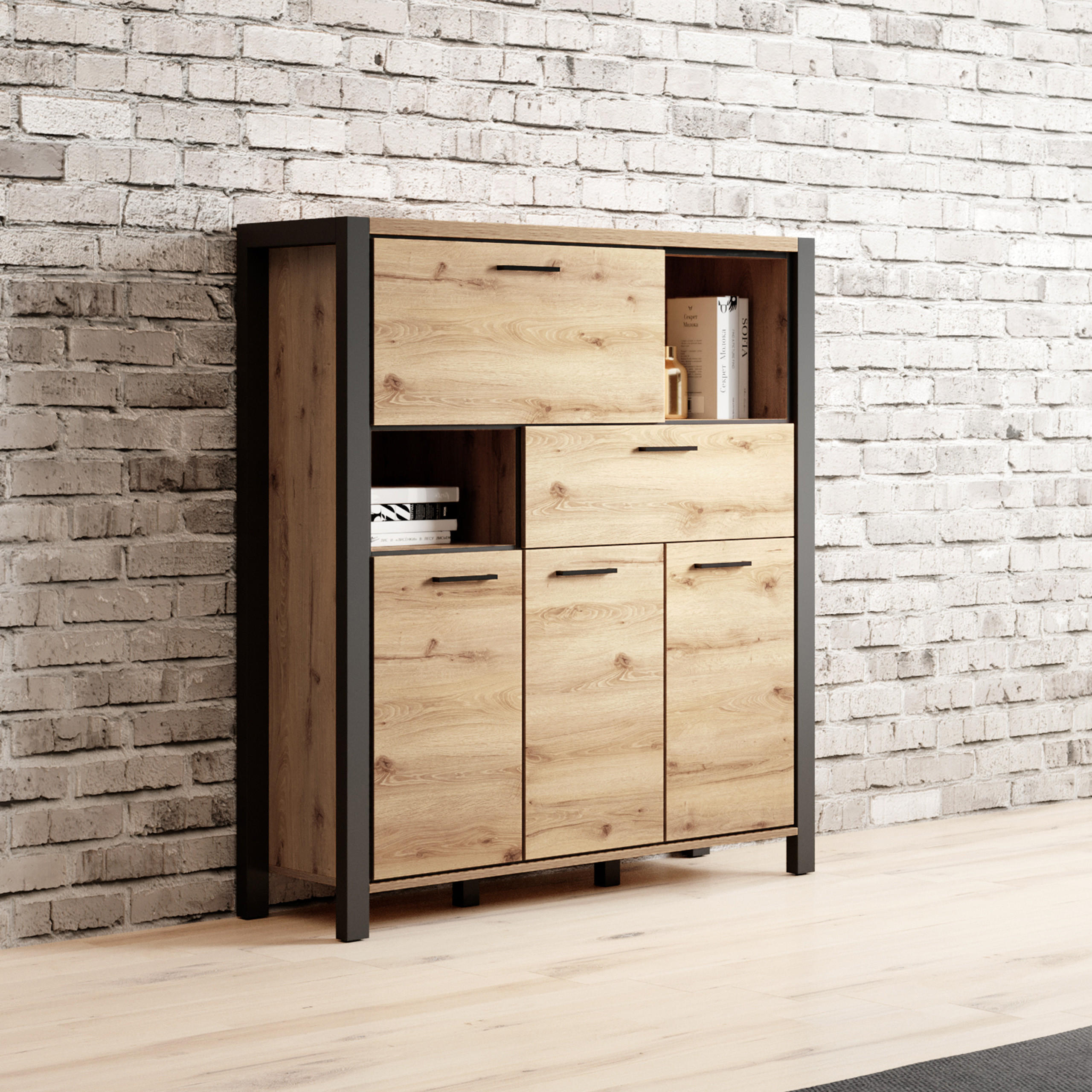 HIGHBOARD ATTIVO 120/140/41 cm mit 1 Schubladen und 3 Türen Eichefarben - Eichefarben, Holzwerkstoff (120/140/41cm) - MASSENO