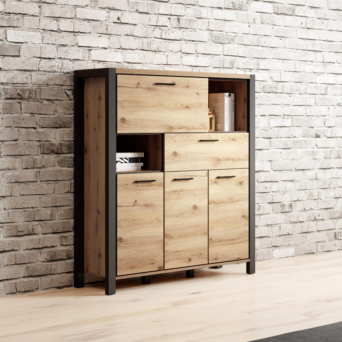 HIGHBOARD ATTIVO 120/140/41 cm mit 1 Schubladen und 3 Türen Eichefarben - Eichefarben, Holzwerkstoff (120/140/41cm) - MASSENO