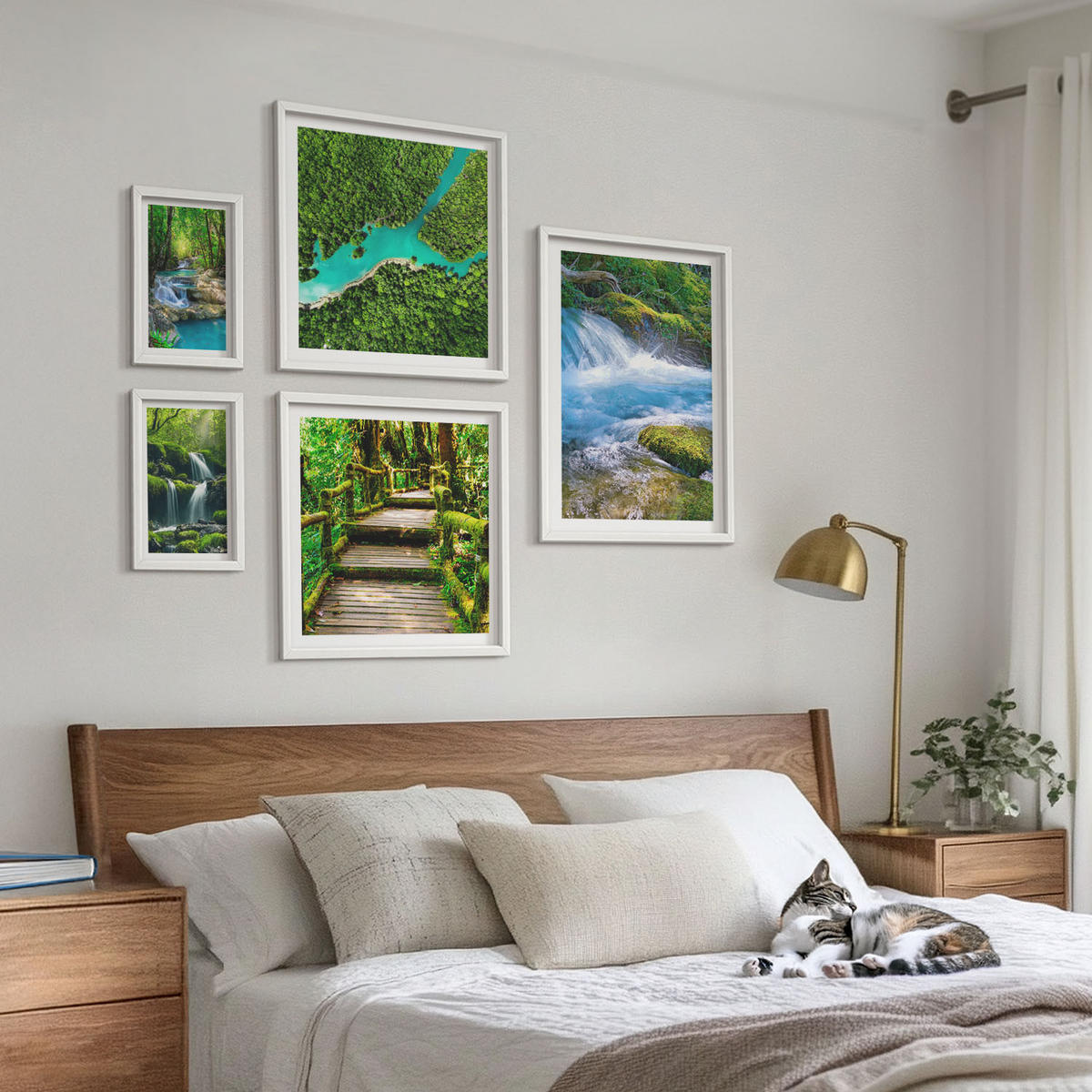 WANDBILDER 5er-Set - 50x50 cm & 20x30 cm & 40x60 cm Weißer Rahmen - Grüne Berge, Flussfelsen - Weiß, Kunststoff (40/60cm) - ArtPrintCave