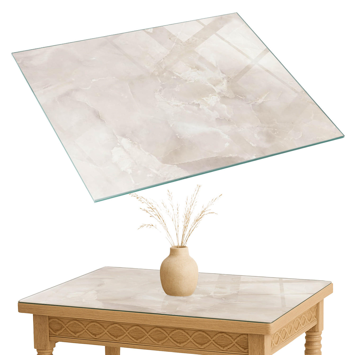 TISCHPLATTE 80x60 cm Marmorstrukturmuster - Creme, Glas (0.4/80/60cm) - TULUP