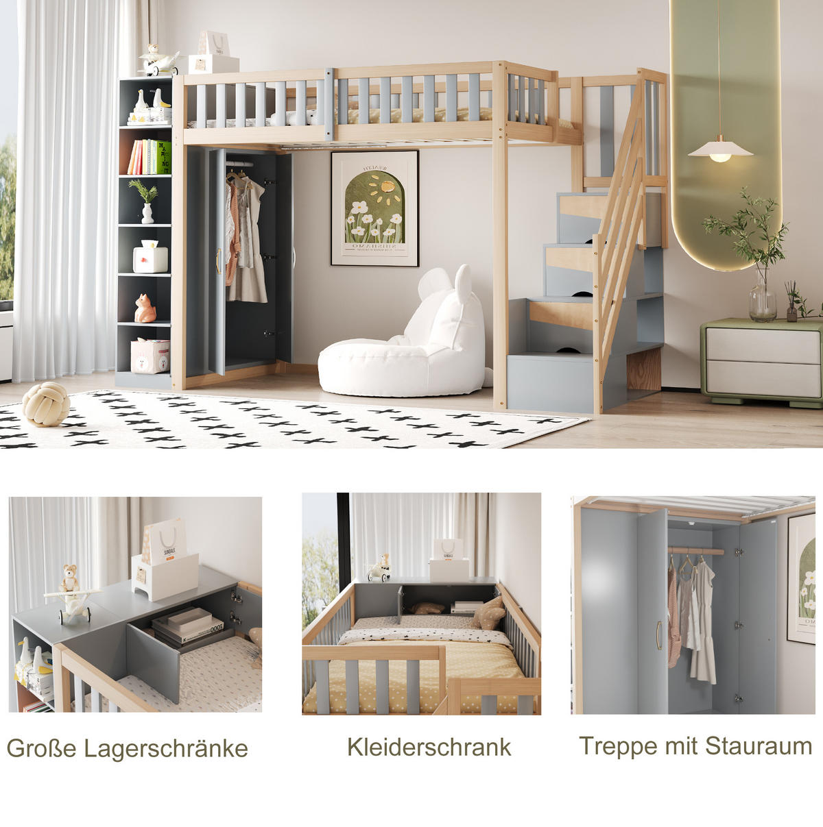 HOCHBETT 90/200 cm Grau mit Kleiderschrank und Stauraum - Grau, Holz (90/200cm) - MIVRAY