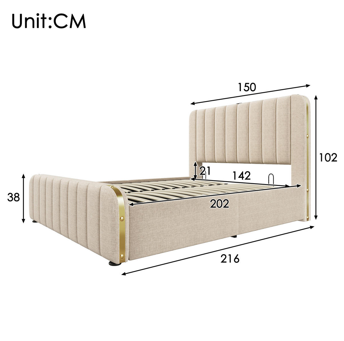 POLNJENA postelja iz lanu 140x200 cm bež z USB in USB-C priključkom, hidravličnim predalom ter vzmetnico - bež, tekstil (140/200cm) - Modfu