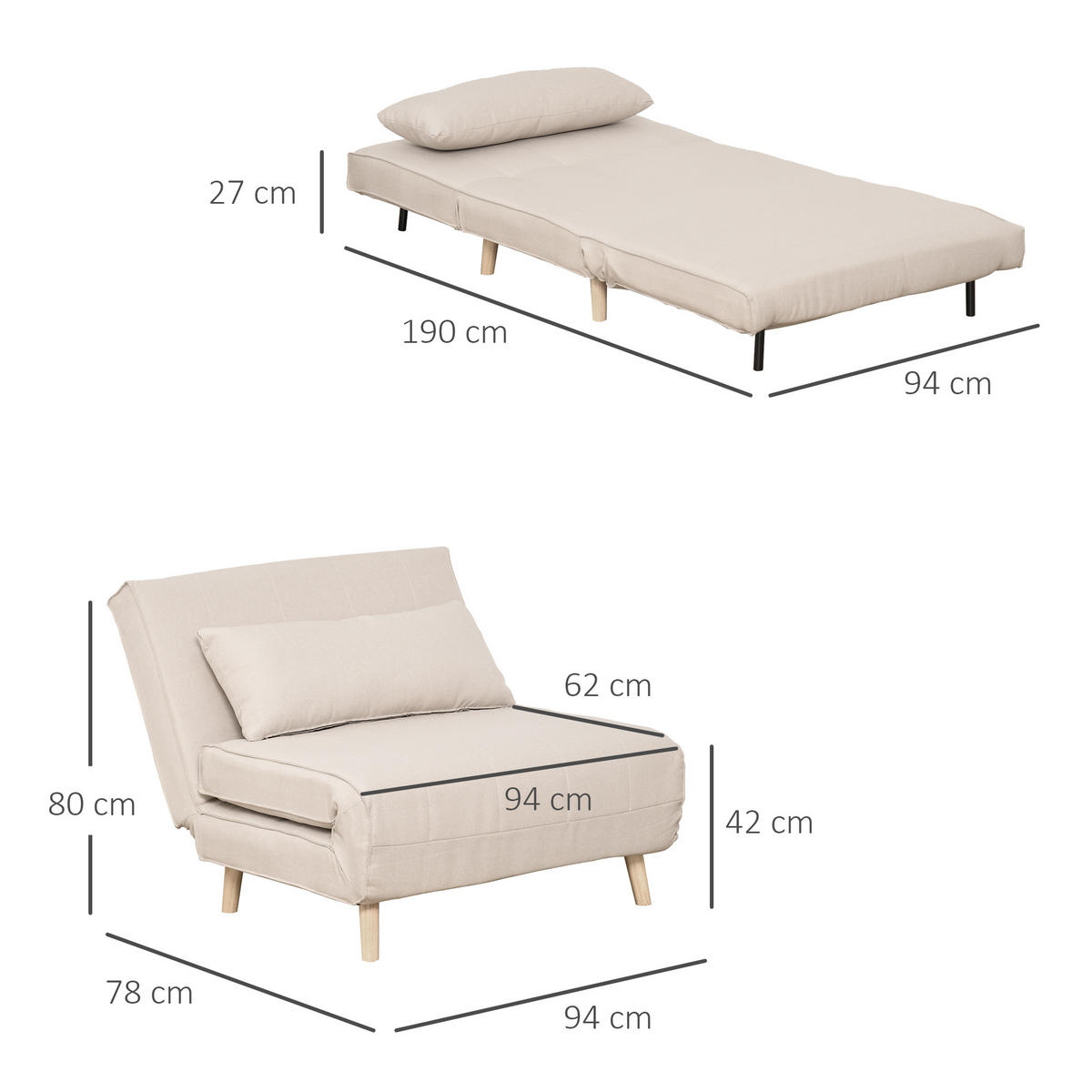 SCHLAFSESSEL, Leinenimitat, Cremeweiß - Creme, Textil (78/80/94cm) - HOMCOM
