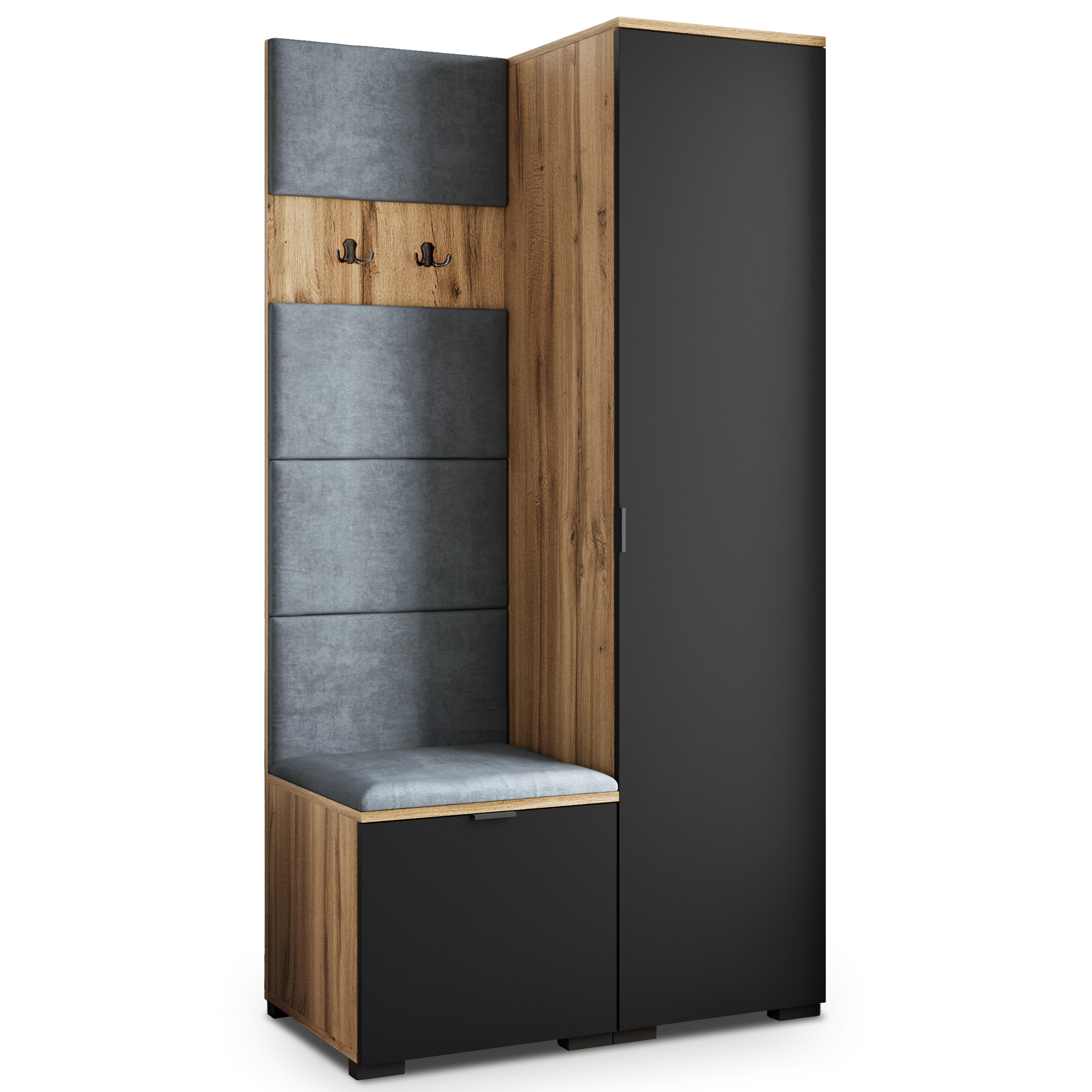 Masseno Garderobenschrank Eiche Wotan, Schwarz, Grau 95x181x51 cm