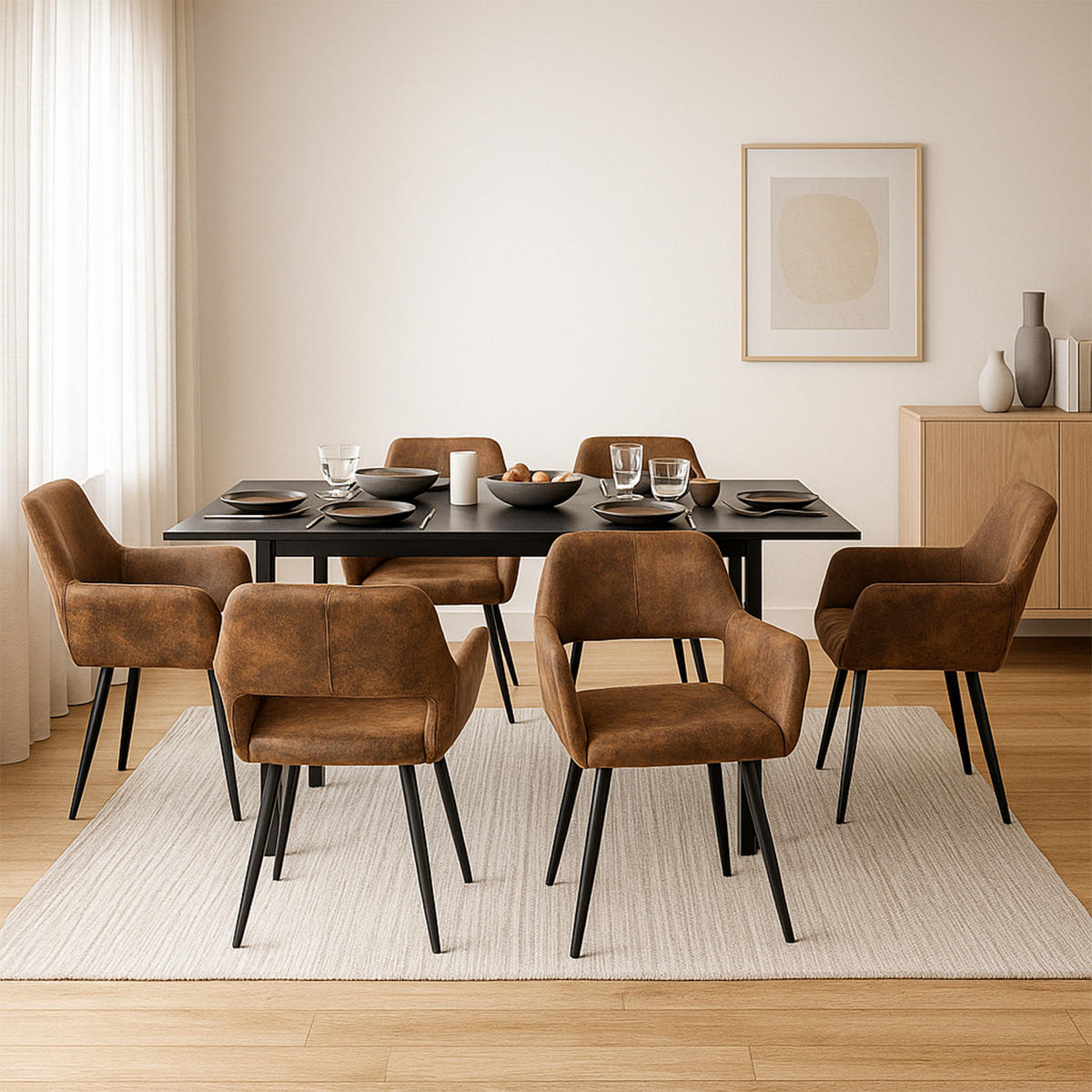 ESSGRUPPE mit Tisch und 6 Armlehnstühlen in Wildlederoptik, Braun - Multicolor, Textil (47/81/45.5cm) - Meubles Cosy