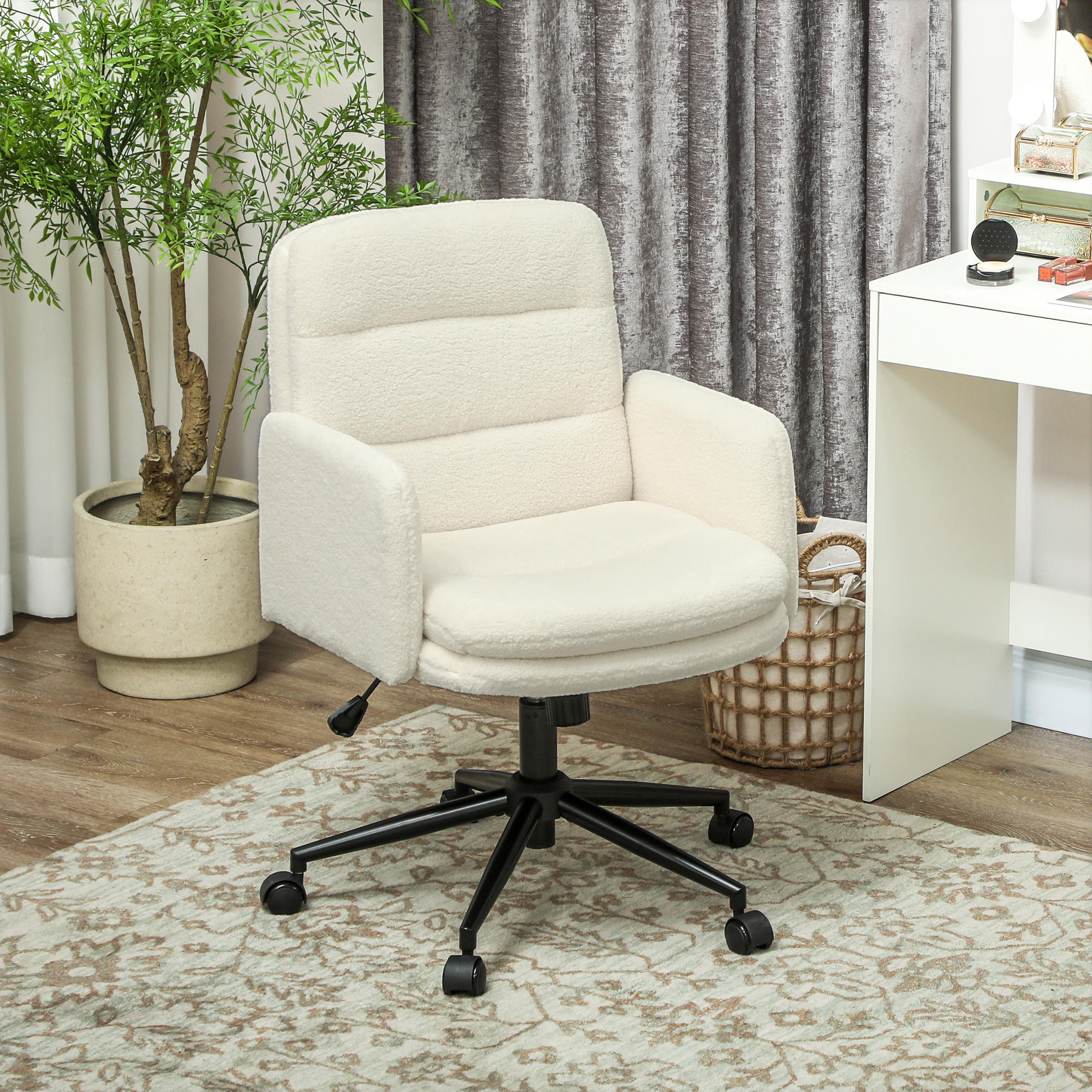 SCHREIBTISCHSTUHL höhenverstellbar Homeoffice Stuhl mit Bouclé-Optik, Cremeweiß - Creme/Schwarz, Textil/Metall (61.5/101/65cm) - HOMCOM
