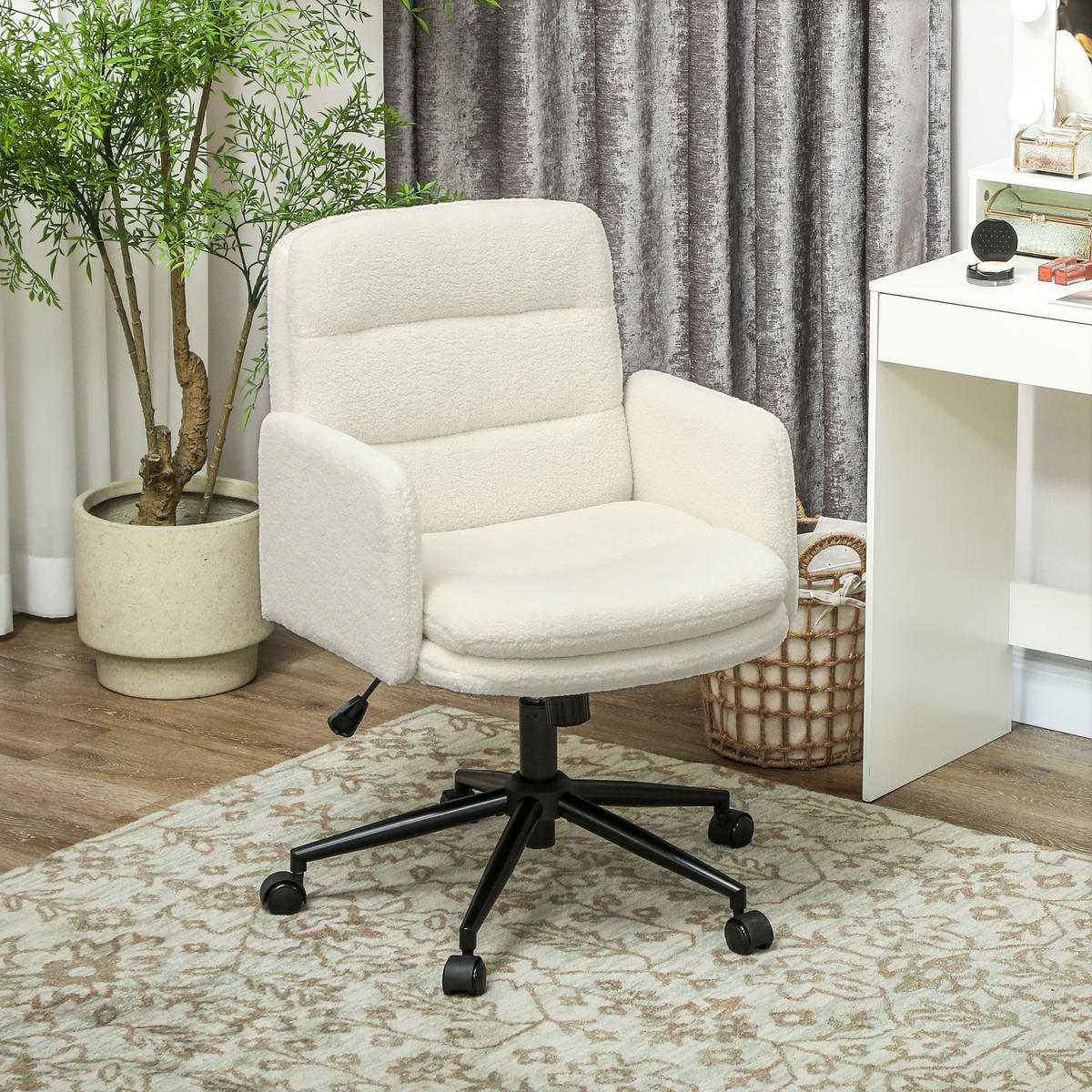 SCHREIBTISCHSTUHL höhenverstellbar Homeoffice Stuhl mit Bouclé-Optik, Cremeweiß - Creme/Schwarz, Textil/Metall (61.5/101/65cm) - HOMCOM