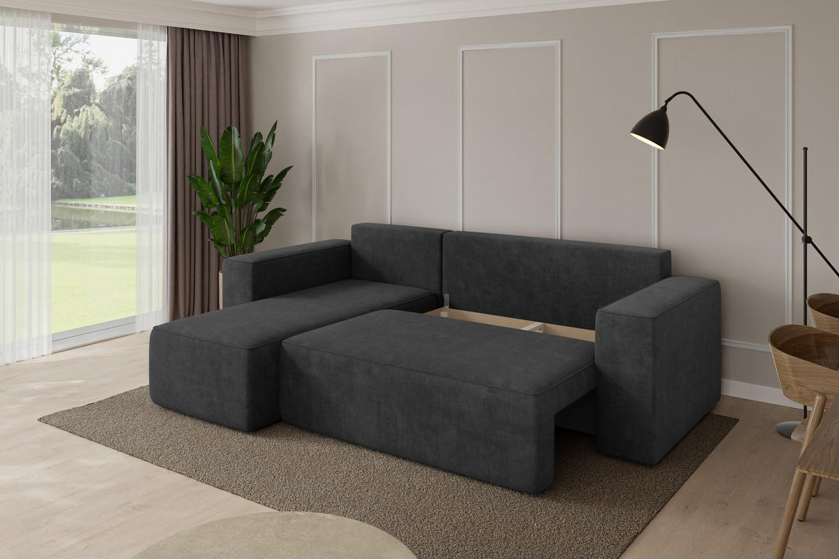 ROHOVÁ SEDAČKA s funkcí spaní, otoman vlevo SENO-L 249x139x85 tmavě šedá velur - černá/antracitová, kompozitní dřevo/textil (249/139cm) - ALTDECOR