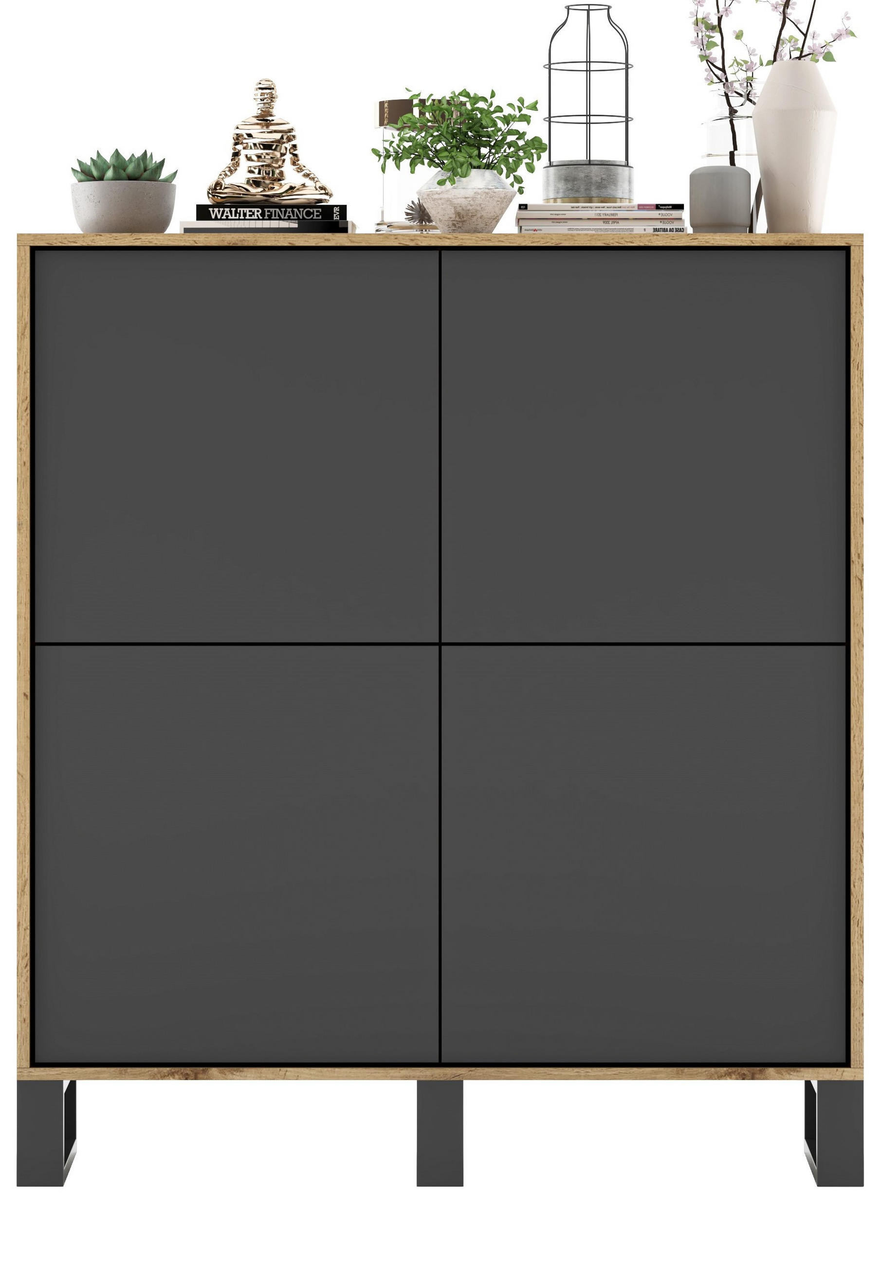 KOMMODE Apollo 4D Eiche wotan Graphit Matt mit metallbeinen 113 cm - Graphitfarben/Schwarz, Holzwerkstoff/Metall (113/127/35cm) - Meble Lindner
