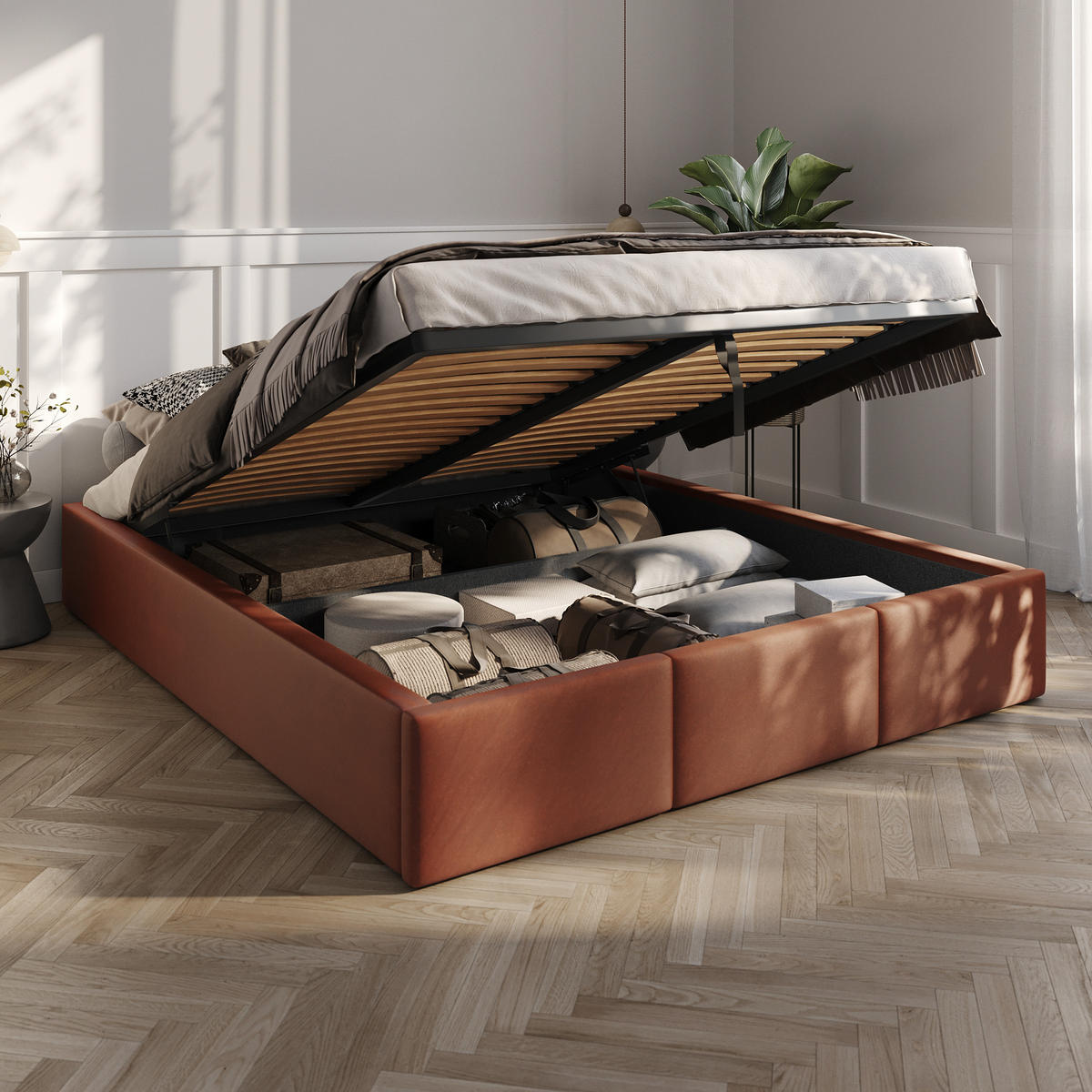 POLSTERBETT für Schlafzimmer Bett mit Stauraum Honigfarbe 160x200cm - Braun/Orange, Holzwerkstoff/Textil - Muralo
