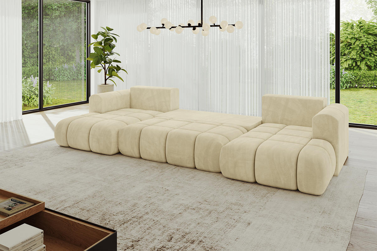 WOHNLANDSCHAFT Ottomane Links CLOUD-U-v1 414x180x40 Beige Velours - Beige, Holzwerkstoff/Kunststoff (414/90/180cm) - ALTDECOR