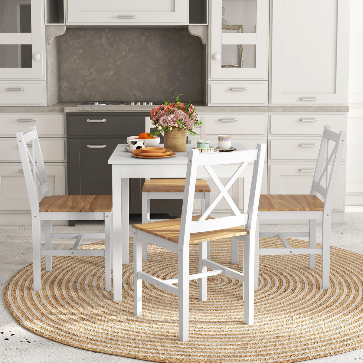 ESSZIMMERSTÜHLE 4er-Set DE-13246 Landhausstil mit weißem Gestell Weiß/Natur - Naturfarben, Holz (46.5/86/41cm) - ComfortXL
