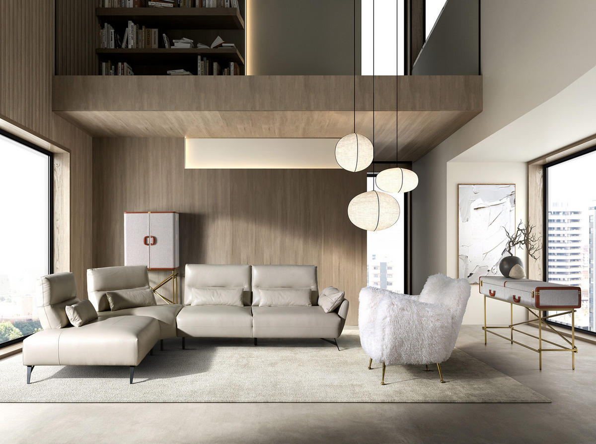 HIGHBOARD Großes Sideboard, Stoff, Nussbaum und goldfarbener polierter Stahl 82/53/169 cm - Hellgrau, Holzwerkstoff/Metall (82/169/53cm) - ANGEL CERDA