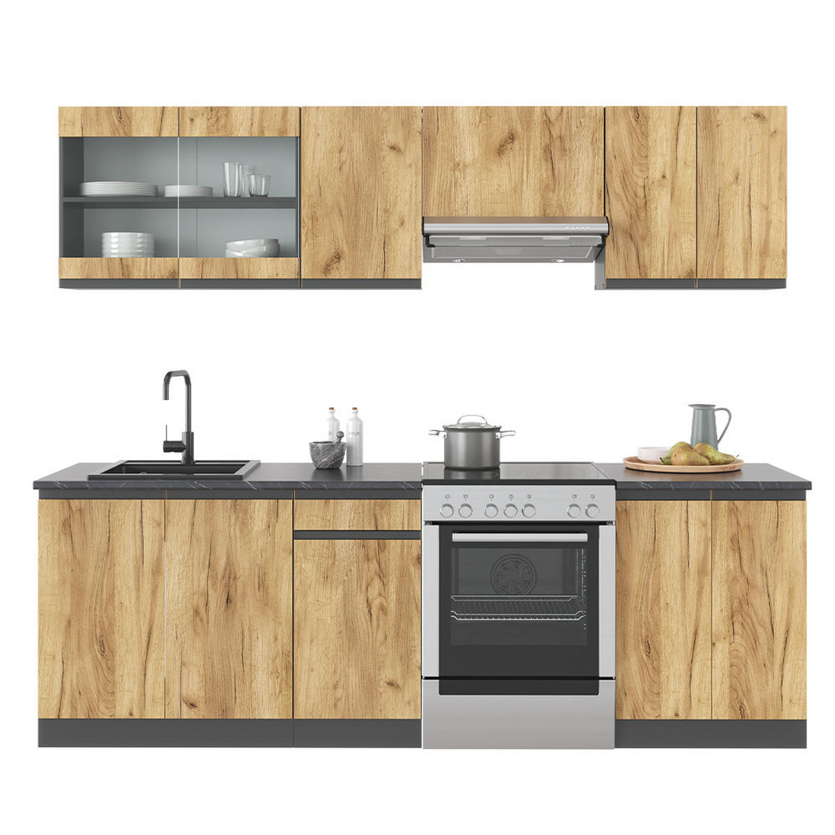 KÜCHENZEILE Raul Goldkraft Eiche/Anthrazit 240 cm - Honigeiche/Anthrazit, Holzwerkstoff (240/81.6/46cm) - Vicco