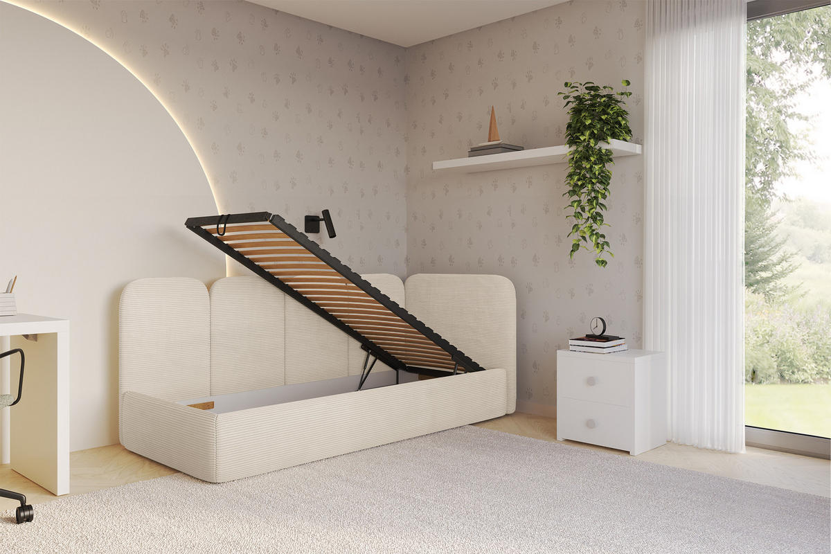EINZELLBETT Jugendbett mit Bettkasten, Links - VELY 90x200 Beige - Creme, Holzwerkstoff/Textil (90/200cm) - ALTDECOR