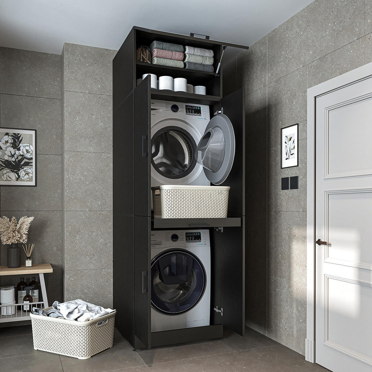 WASCHMASCHINENSCHRANK DORA-I 70cm Breit, 230cm Hoch - Schwarz, Holzwerkstoff (70/230/74cm)