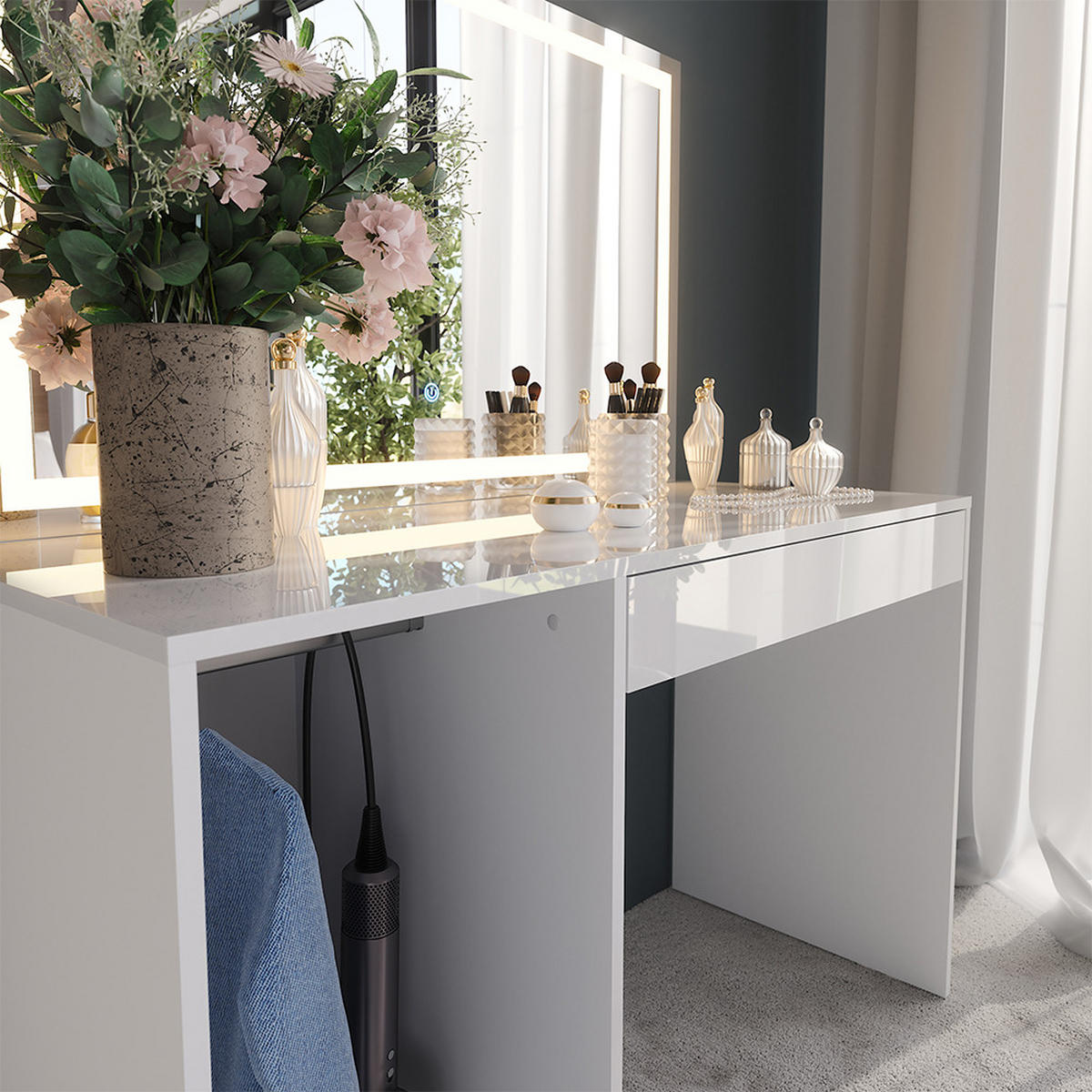 SCHMINKTISCH Sherry Weiß/Weiß Hochglanz 119.8 cm mit LED-Spiegel - Weiß Hochglanz, Holzwerkstoff (119.8/76/50.1cm) - Vicco